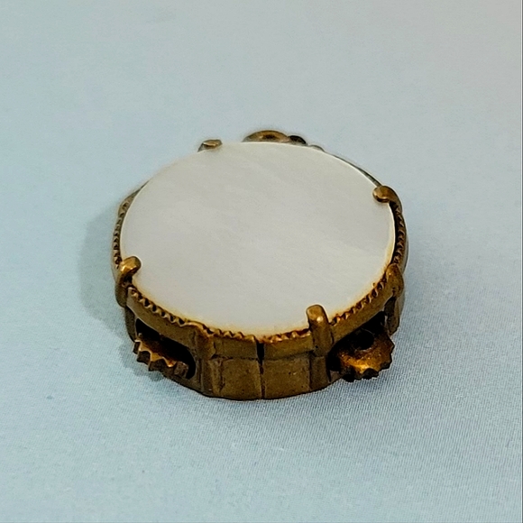 Antique 1800s Mother of Pearl Tambourine Pendant w/Moving Parts. ¾" - Picture 8 of 10